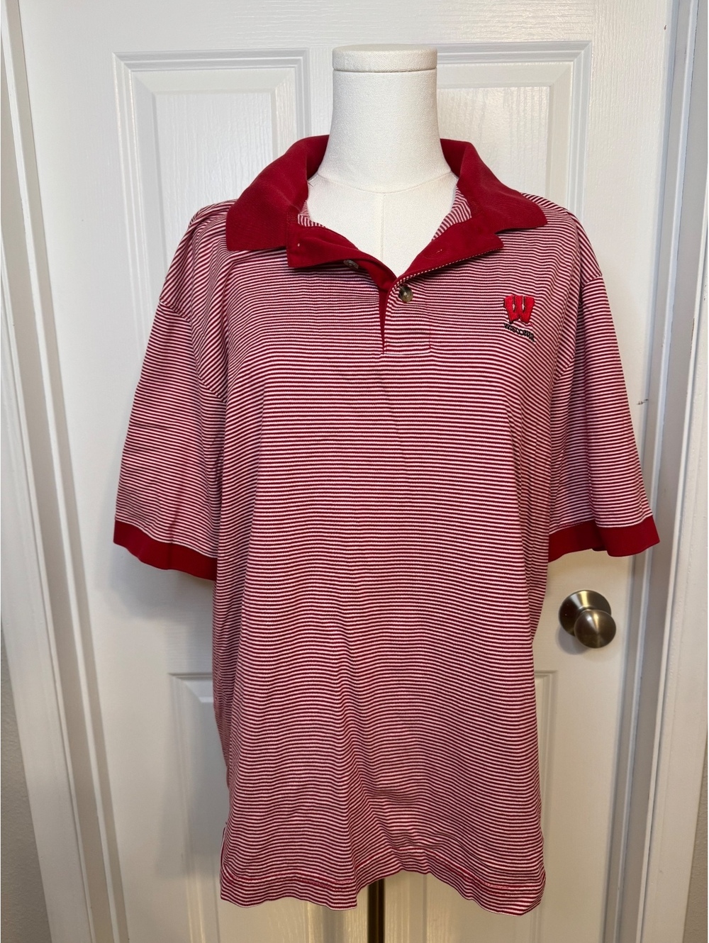 Antigua Men’s Red and White Striped Wisconsin Polo Tee, Size L